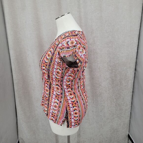 Sequin Mesh Vneck Top Shirt Colorful Pink Orange White Aztec Geometric - Picture 6 of 11